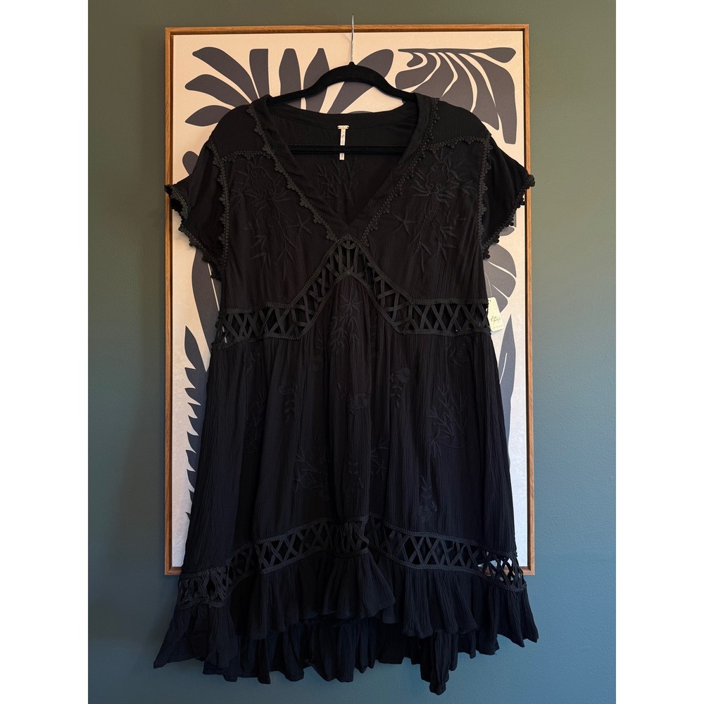 NWT Free People Marissa Mini Dress Black Embroidered Crochet Lace Gauze Boho XS